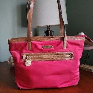 Michael Kors Kempton Red Nylon Tote with Brown Leather Handles & Bottom